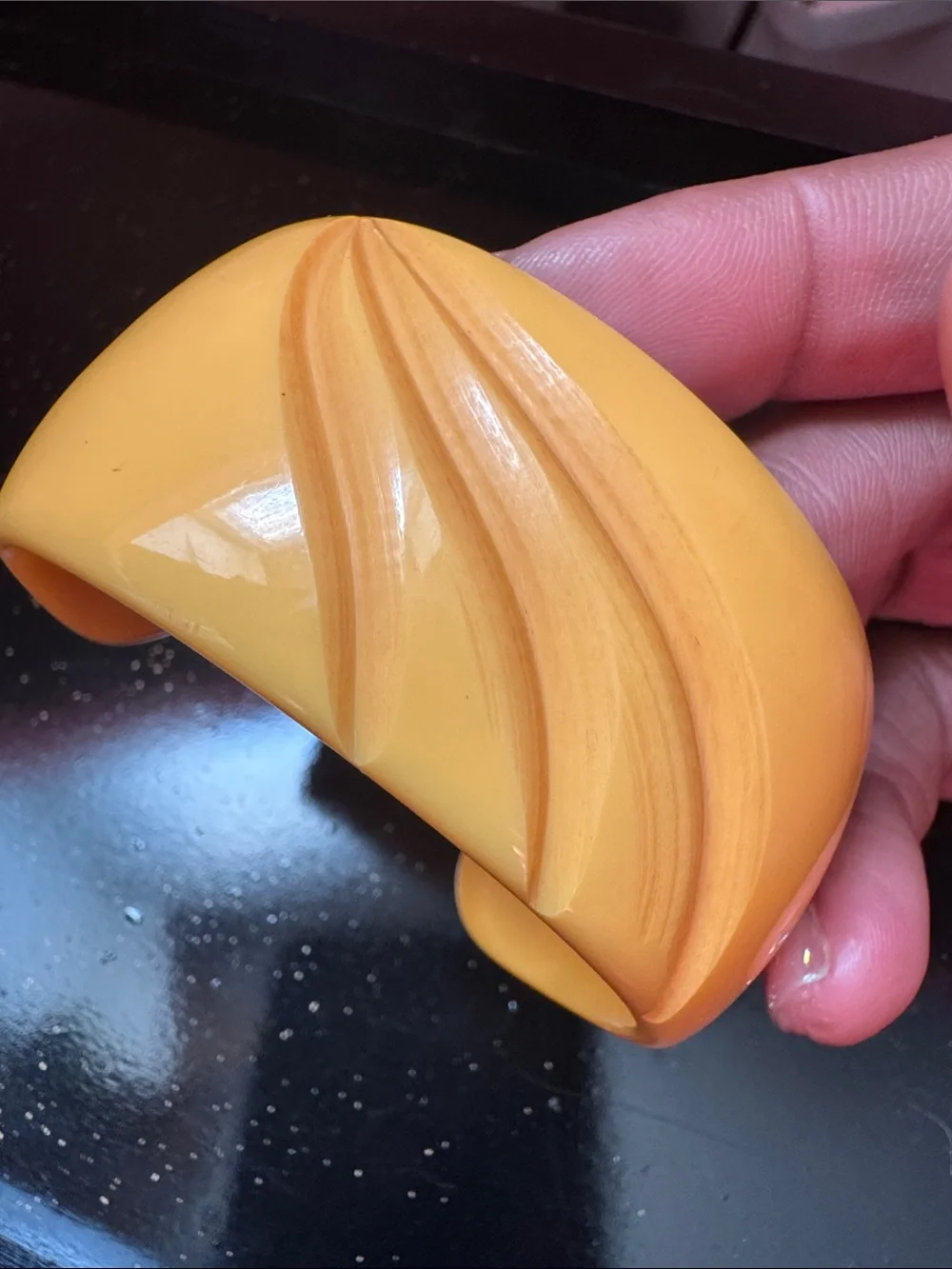 Yellow Carved Bakelite Cuff Bracelet